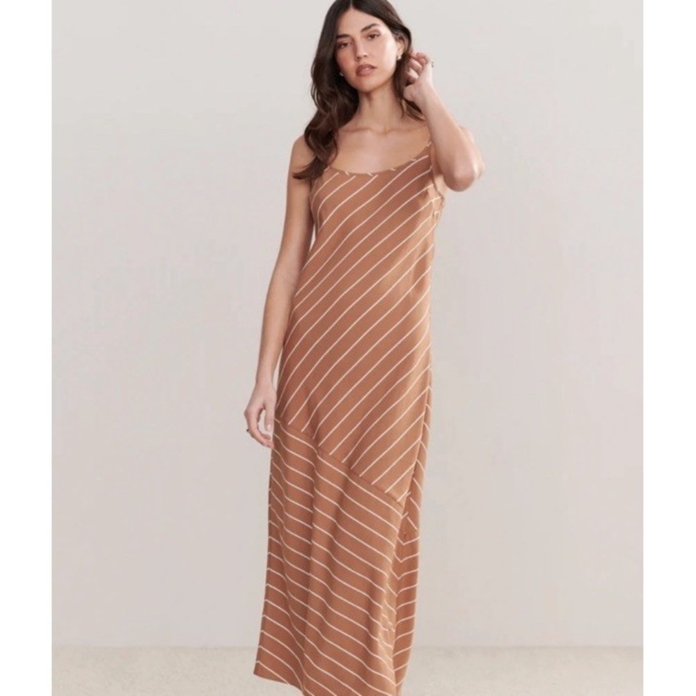 Jenni Kayne Slip Dress Camel Striped Long Small Classic Timeless Feminine - Picture 1 of 11